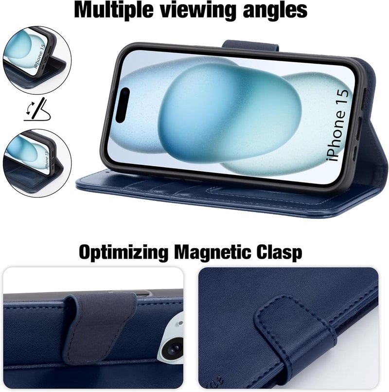 Arae Compatible with iPhone 15 Case with Card Holder and Wrist Strap Wallet Flip Cover for iPhone 15 6.1 inch,Blue - Image 3